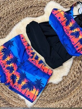 Tropical Palm Print Swim Set in Blue & Orange